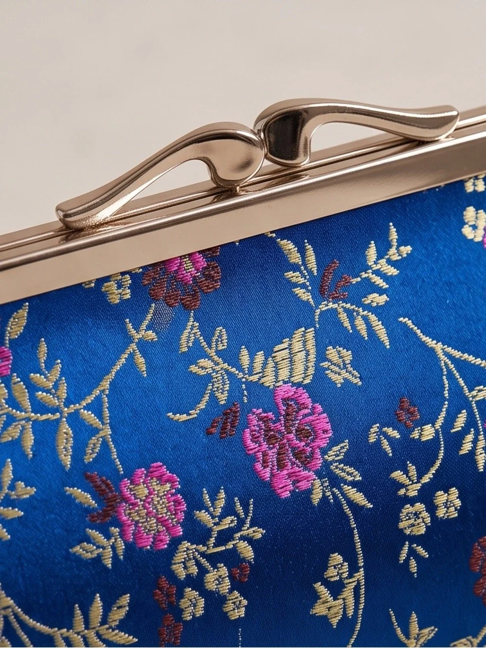 Azure Floral Satin Evening Clutch with Gold Frame
